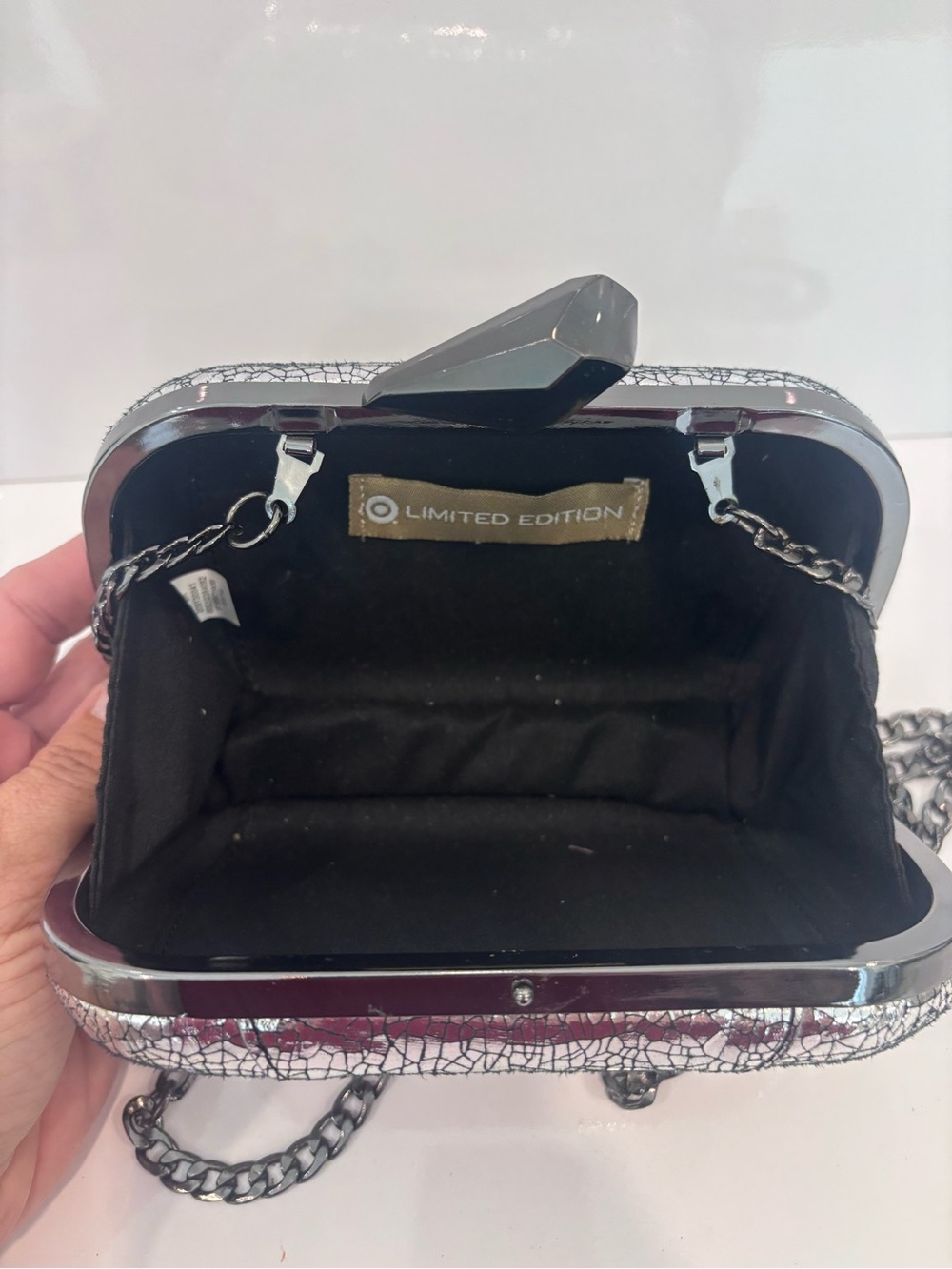 Silver Crackle Hard-Case Evening Clutch with Black Chain by limited edition - Picture 5 of 8